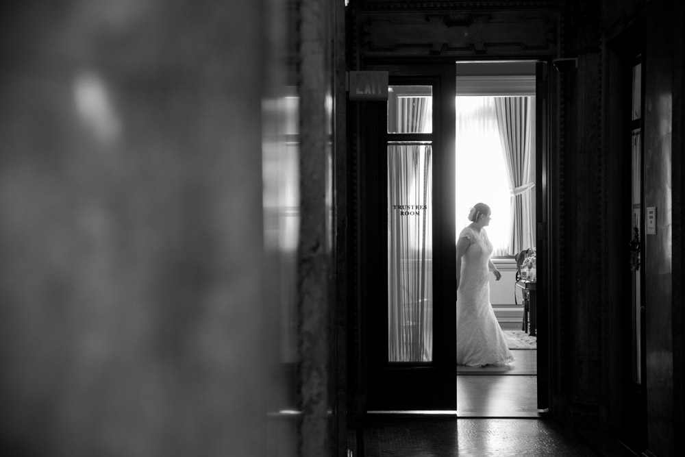 Bride through doorway, Providence Public Library Wedding